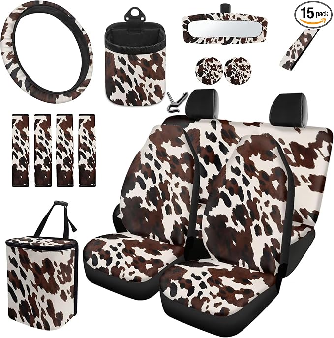 Dreaweet Brown Cow Print Car Seat Covers Full Set for Women Cute Car Accessories Seat Cover with Wheel Cover Seatbelt Covers Car Coasters Trash Bag Vent Storage Bag Rearview Mirror Cover Keychain