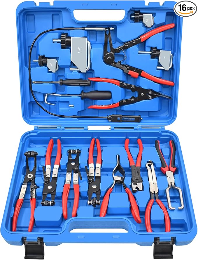 16 Pcs Hose Clamp Pliers Set, Hose Clamp Removal and Installation Tool with Long Flexible Plier & Electrical Disconnect Pliers for Automotive Coolant Radiator Heater, Water Hoses, Fuel Lines