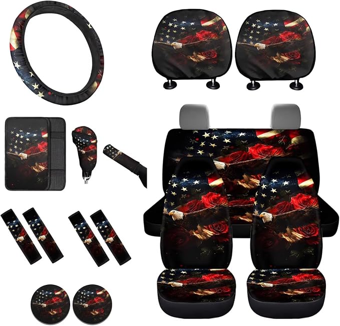 Lotusorchid Eagle Rose Print Car Accessories Full Set American Flag Print Car Front Back Seat Covers Safety Belt Pads Headrest Cover Armrest Pad Gear Shift Knob Protector Cup Holder Coaster