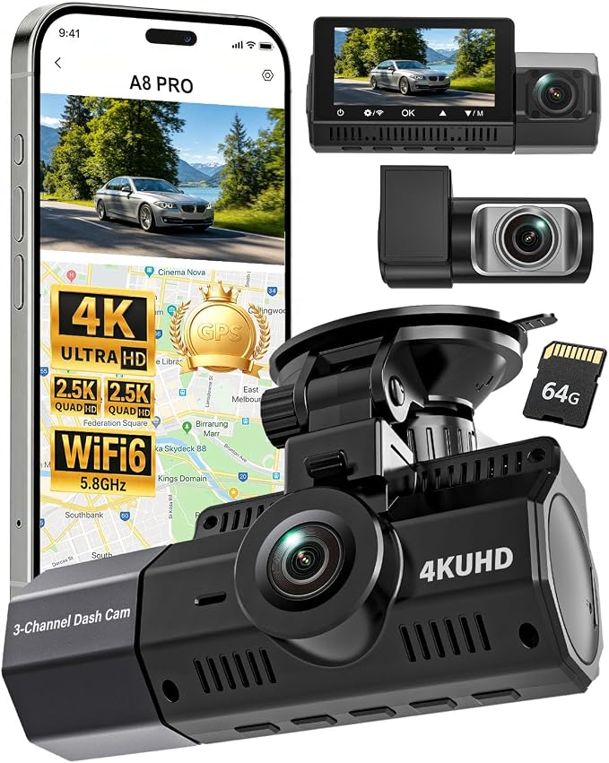 3 Channel Dash Cam Front and Rear Inside-4K+2.5K+2.5K, 4K Dash Cam, Free 64GB Card, WiFi Dashcam with GPS, G-Sensor,Loop Recording, HDR, 24H Parking Monitor, Car Dash Cam for Rideshare & Taxi