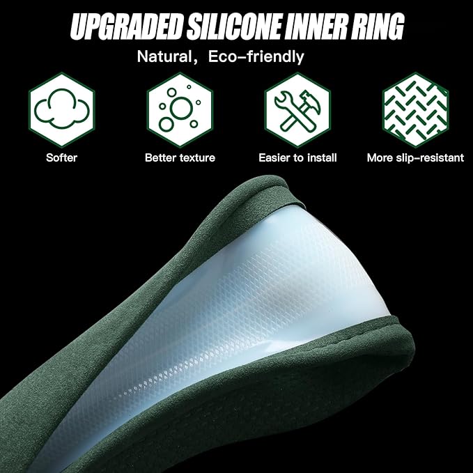 Suede Steering Wheel Cover with Upgraded Silicone Inner Ring, Breathable, Anti-Slip, Leather Universal 14.5 to 15 Inch Steering Wheel Cover (Green with Handwoven Craft)