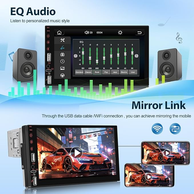 NHOPEEW Single Din Stereo with Wireless Carplay and Android Auto - 7 Inch Touch Screen Car Radio - Online Video/EQ Audio/Mirror Link/SWC/Bluetooth/FM/USB Charging + 12leds Backup Camera