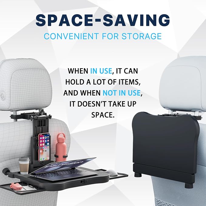 Car Back Seat Tray Table-Stable Auto Backseat Food Trays Desk for Rear Passenger Road Trip Eating & Work, Multifunctional Adjustable Travel Tray with Phone Drink Holder for Laptop iPad