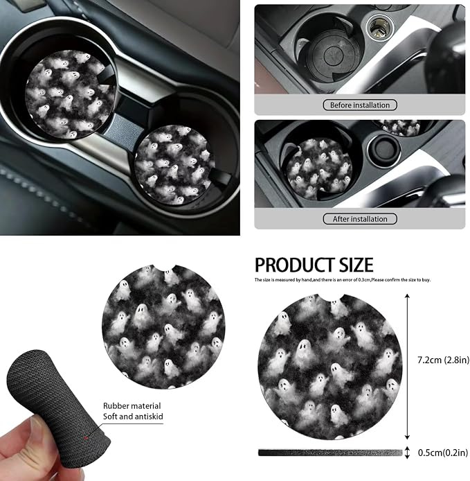 Cute Ghosts Print Car Accessories Car Seat Covers Full Set with Steering Wheel Covers+Seat Belt Pads+Coasters+Keychain+Lipstick Holder Universal Fit 13 Pack Halloween Car Decor