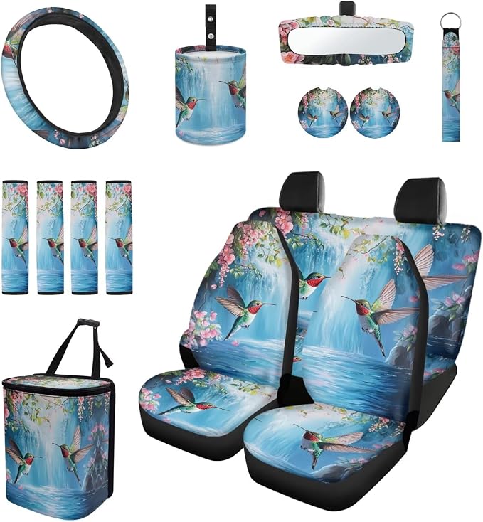 15 Pcs Blue Hummingbird Floral Car Seat Cover Full Set for Women with Car Steering Wheel Cover Seat Belt Cover Trash Bin Front Rear View Mirror Car Cup Holder Keychain
