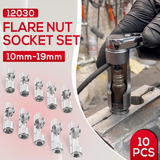 12030 Flare Nut Socket Set, 3/8" Square Drive Diesel Injector Fuel Line Socket Wrench Set, 10mm-19mm (10PCS)