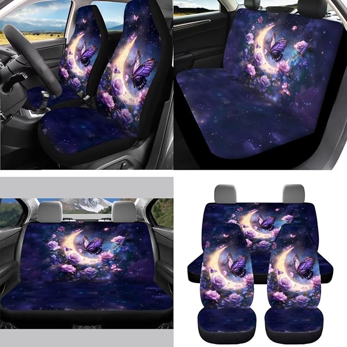Purple Moon Galaxy Butterfly Car Seat Covers Full Set 15 Pcs Universal Car Accessories Steering Wheel Cover Seat Belt Pads Garbage Bag Car Headrest Pillow Covers Armrest Pad