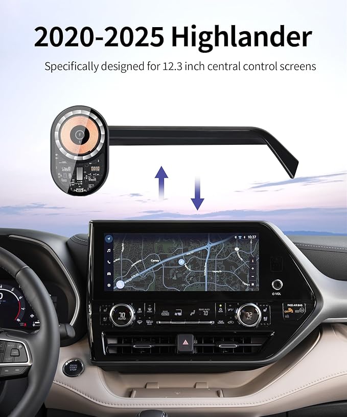 Wireless Charging car Phone Holder for Toyota Highlander/Hybrid 2020-2025 Accessories 12.3 inch Screen Fixed Clip,360° Rotation car Phone Mount Compatible with MagSafe