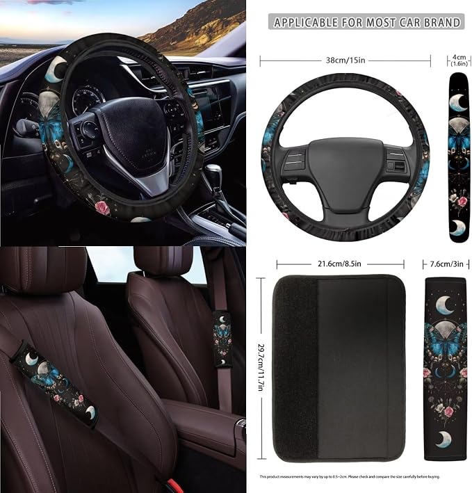 Butterfly Rose Moon Flower Pattern Car Accessories Set of 15, Full Set Seats Covers, Auto Streering Wheel Cover Trash Bin, Seat Belt Cover Keychain Coasters Air Vent Storage Bag
