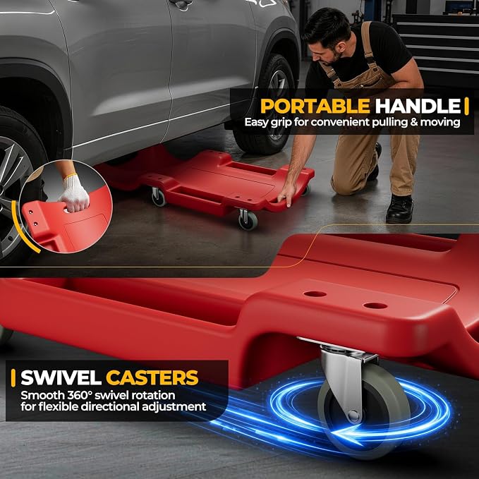 Auto Dynasty 40 Inches Mechanic Creeper, Automotive Garage Repair Low Profile Under Car Rolling Creeper with Padded Headrest, Plastic, Red