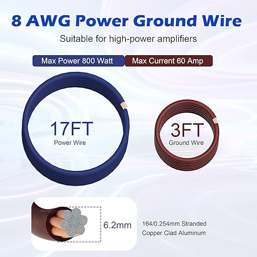 8 Gauge Complete Amp Wiring Kit, Premium Car Amplifier DIY Installation Kit, 800W High Power CCA Cable with Fuse Holder& Full Accessories for Car Truck/RV/ATV Audio Systems Radio Subwoofer Speaker