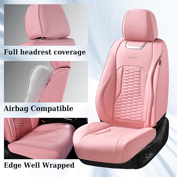 Coverado Front Seat Covers, Car Seat Covers Front Seats, Nappa Leather Waterproof Seat Covers for Car, Car Seat Protectors, Automotive Seat Covers Universal Fit for Most Vehicles(Pink)