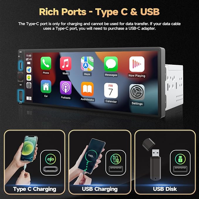 Naifay Single Din Car Stereo Wireless Apple Carplay Android Auto, 6.86 Inch Single Din Touchscreen Radio with Blueteeoth, Mirror Link, FM, EQ, SWC, Camera, Type-C Charging