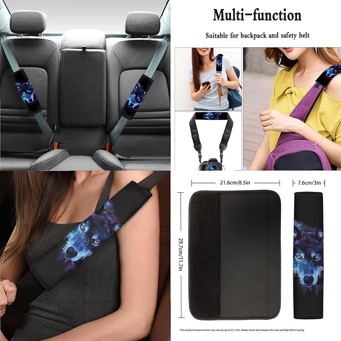 Wolf Forest Galaxy Pattern Car Accessories Car Seat Covers Full Set with Steering Wheel Covers+Seat Belt Pads+Coasters+Keychain+Lipstick Holder Universal Fit(13 Pack)