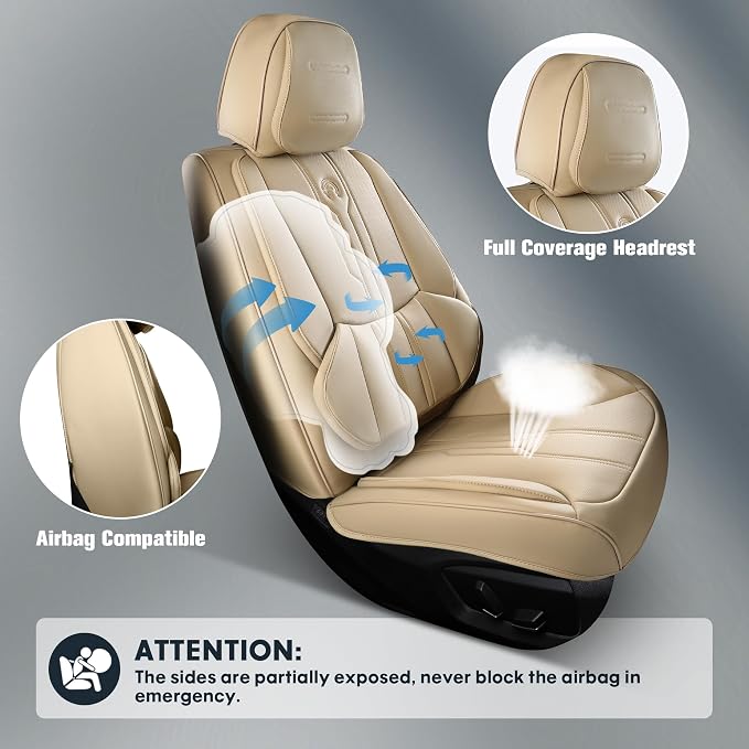 AOOG Seat Covers Custom Fit for Dodge Ram 1500/2500/3500 2002-2025 Faux Leather Seat Cover Set Compatible with Crew, Regular, Quad, Mega Cab, Car Truck Cushions (Beige, Curved Rear, Full Set)