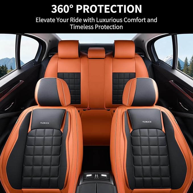 FLORICH Leather Seat Cover, Car Seat Covers Full Set, Waterproof Car Seat Protectors 5 Seats, Front and Rear Seat Covers for Cars, Breathable Automotive Seat Covers Protector Fit for Most Cars Trucks