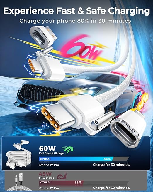 SHEZI 4-in-1 USB C Cable Compatible With Lightning Cable 60W Fast Charging & Data Transfer, Support to CarPlay & Android Auto, 5FT Travel Multi Cord Charger Combo for iPhone/iPad/Samsung/MacBook Cable
