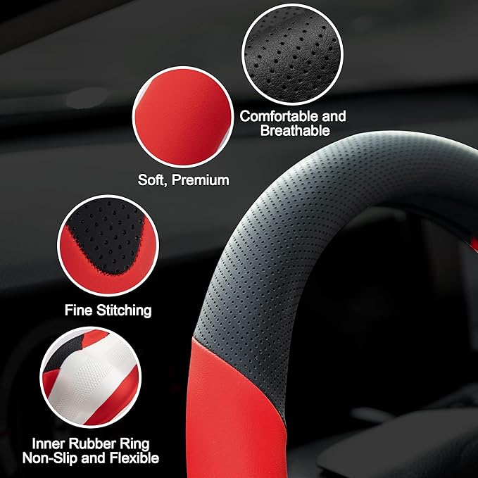 West Llama Customized Auto Car Steering Wheel Cover for Toyota Camry 2006-2026, Microfiber Leather, Anti-Slip, 14.5-15inch, Black + Red