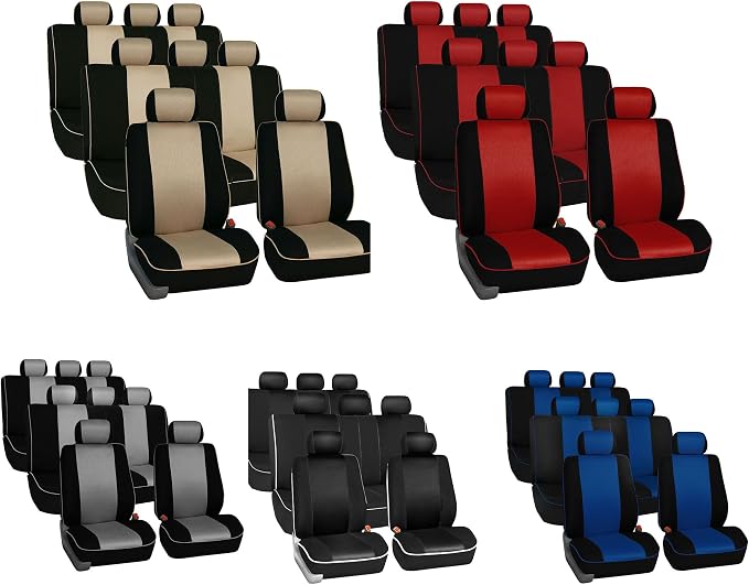 FH Group Car Seat Covers Three Row 8 Seater Cloth Car Seat Covers with Piping (Airbag and Split Ready) - Universal Fit for Cars Trucks & SUVs Gray/Black