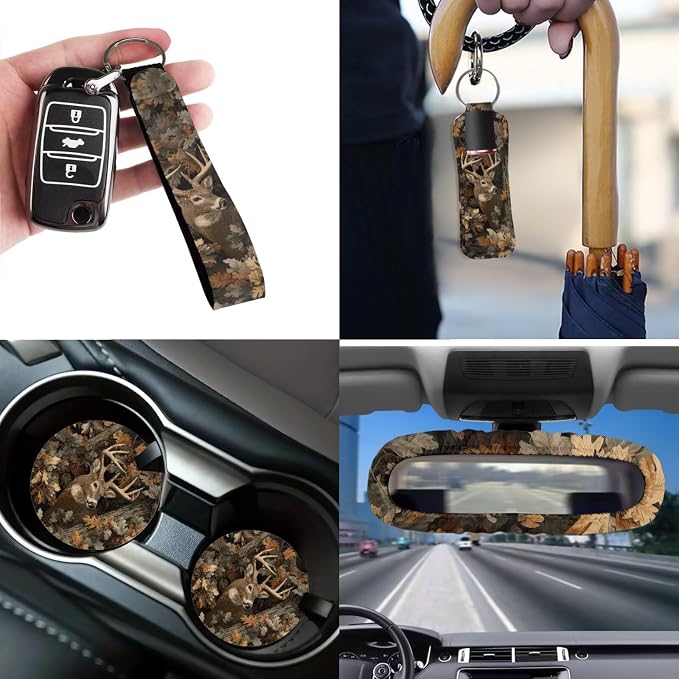 Car Seat Covers Set 12 Pcs Camo Deer Hunter Car Seat Belt Pad Cover Steering Wheel Cover Auto Cup Coasters Auto Trash Bin Rear View Mirror Cover Keychain Holder Keychains