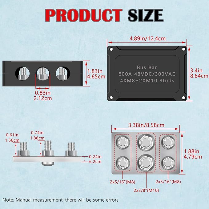 500A Marine Bus Bar Heavy Duty Power Distribution Block, Battery Busbar, Waterproof Automotive Buss Bar with 4X 5/16" (M8) +2X 3/8" (M10) Studs for Car, Boat and Solar Wiring (Black+Red)