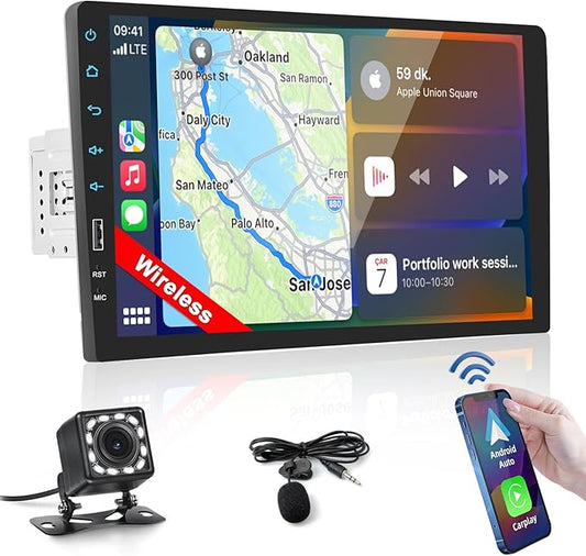 Inefala 9" Wireless Carplay Car Stereo Single Din Touchscreen Radio Android Auto, Mirror Link, Bluetooth, FM, EQ, SWC, Car Audio Receiver Support USB Phone Charging DVR, with Backup Camera Mic