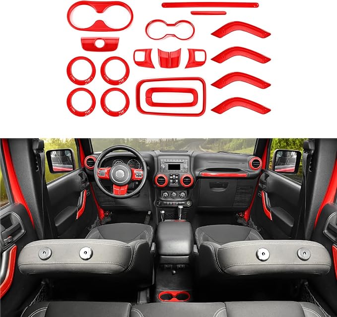 RAZPOY JK 18PCS Interior Trim Kit, Steering Wheel Trim & Gear Shift Cover Air Conditioning Vent Trim Compatible with 2011-2017 Jeep Wrangler JK 4-Door, Red