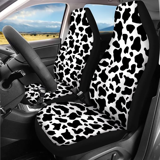 Cow Print Car Seat Covers Full Sets Universal Car Interior Accessories Sets with Cow Print Steering Wheel Car Covers Washable Car Headrest Covers Hanging Car Trash Can Belt Pads,Universal Fit