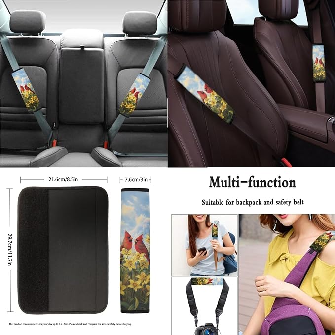 Suobstales Cardinal Lily Flower Print Car Accessories with Car Front Rear Split Seat Covers, Seat Belt Pads + Steering Wheel Cover + Coaster + Keyrings for Women Men Set of 11-Pcs