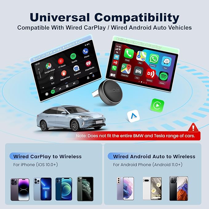 Carlinkit Mini Ultra Wireless CarPlay & Android Auto Adapter, Convert Factory Wired to Wireless, USB-A/USB-C Fast Connection for iPhone & Android 11+, Plug & Play Car Play Dongle, OTA Upgrade