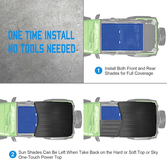 JK Sun Shade Top Compatible with Jeep Wrangler 4 Door 2007 to 2018 Sunshade Sunroof Bikini Cover Blocks UV Wind Noise Blue Mesh for Full Length