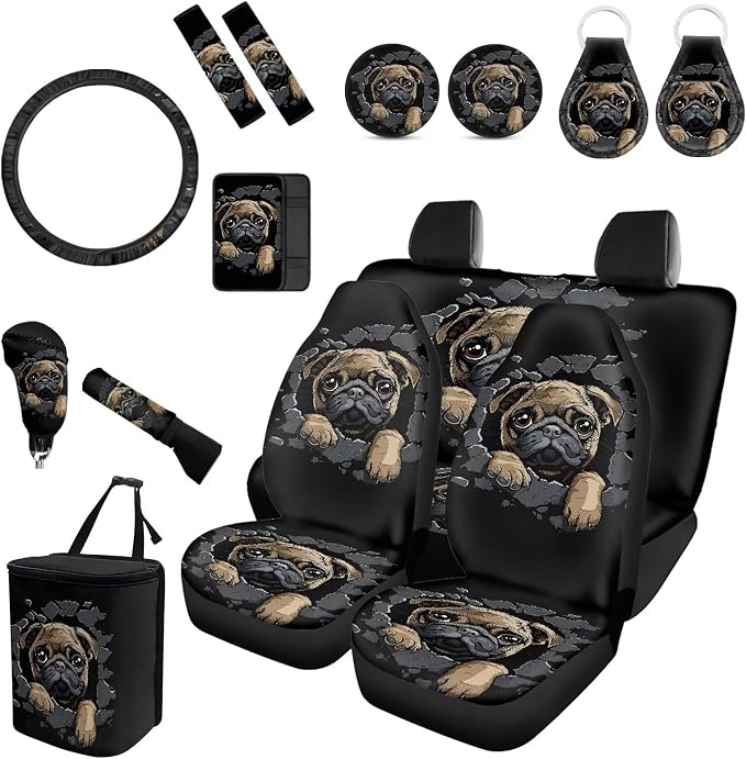 Forchrinse 15Pcs Pug Print Car Seat Covers for Women Auto Interior Cover Set with Steering Wheel Cover,Armrest Seatbelt Pads,Car Garbage Can,Coaster Fit for SUVs Trucks