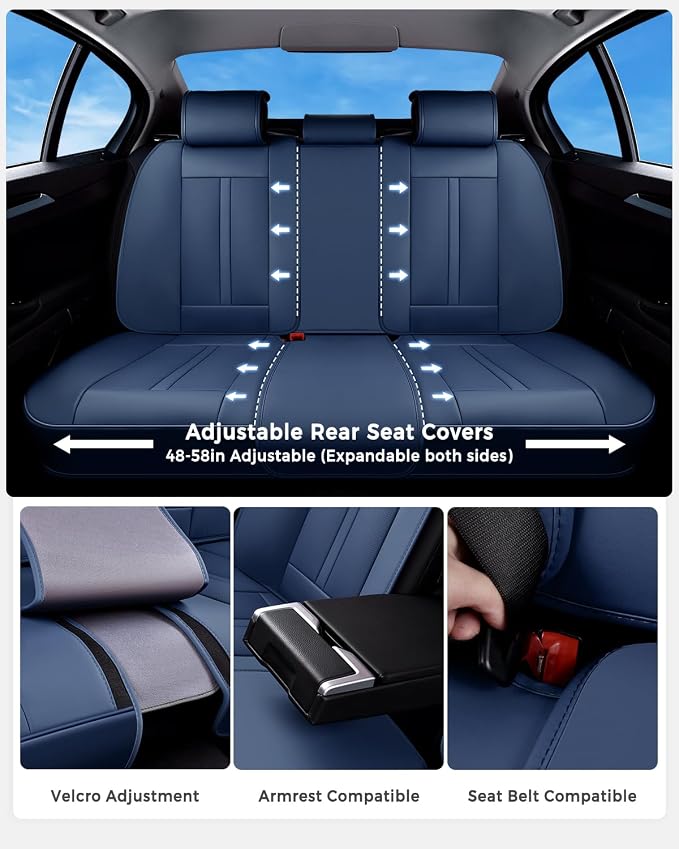 Huidasource Blue Back Seat Cover Luxury Nappa Leather, Rear Seat Cover with Velcro Adjustable, Ventilation Holes, Child Safety Seats, Back Seat Car Cover Universal Fit for Most Cars SUV Trucks, Blue