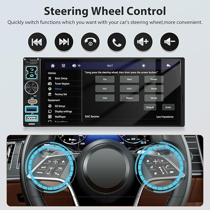 6.8" CarPlay & Android Auto Single Din Car Stereo HD Touch Screen FM Audio Receiver with Bluetooth Handsfree Mirror Link Voice Control Backup Camera/Steering Wheel Control/USB/TF/AUX/MIC