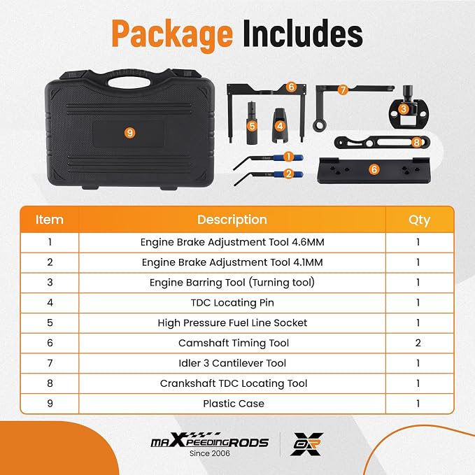 maXpeedingrods For Detroit Diesel DD15 DD16 Engine Brake Adjustment + Camshaft Timing Tool + TDC Locating Pin + Barring Tool + Fuel Line Socket, Replace# W470589104000 W470589001500, 9PCS