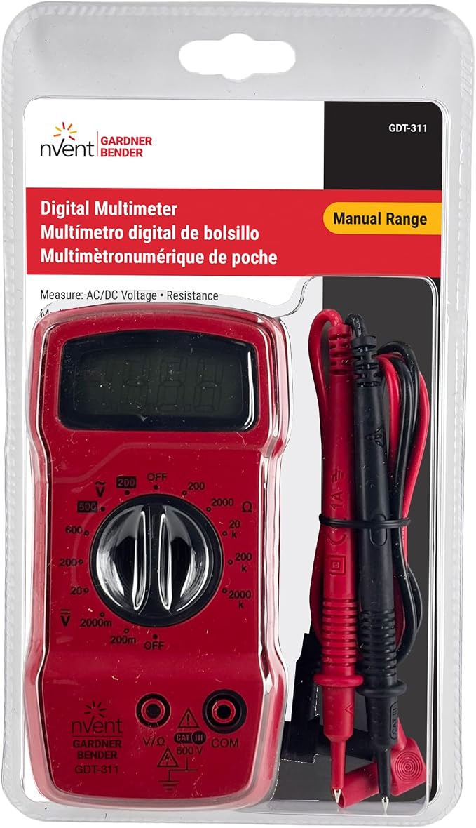 Gardner Bender GDT-311 Digital Multimeter, 3 Function, 11 Range, Tests AC/DC Voltage and Resistance, Manual Ranging, 3.5 inch Display, 1/Each , Red