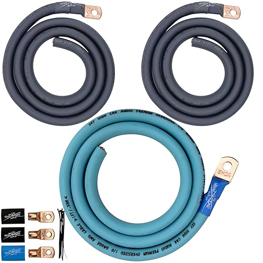 Sky High Car Audio 1/0 Gauge CCA Big 3 Upgrade Kit, Premium Power & Ground Wiring Kit for Car Audio, Alternator Battery Ground Upgrade (Multiple Colors) (Aqua/Black)