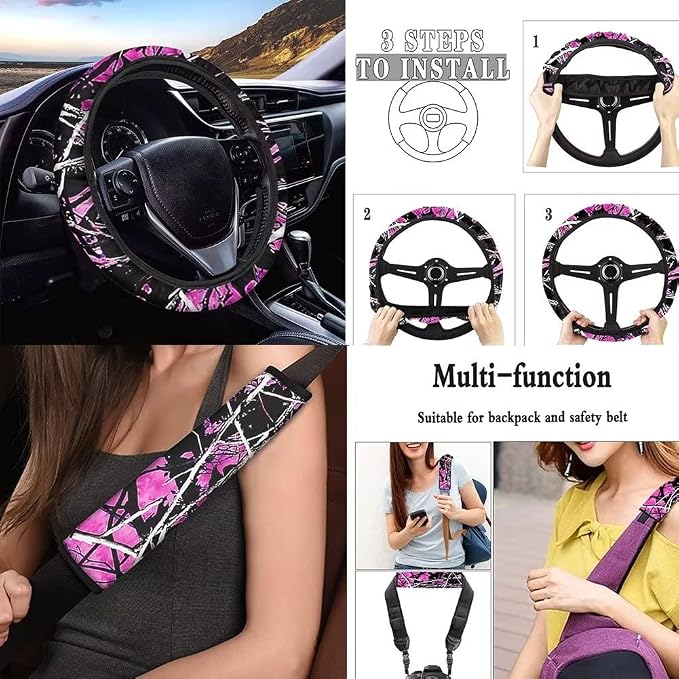 12 Pc Purple Camo Oak Hunting Print Car Seat Covers Full Set Universal Auto Protector with Steering Wheel Covers/Seat Belt Pads/Key Chain/Coaster/Lipstick Holder for Most Cars Truck Suvs