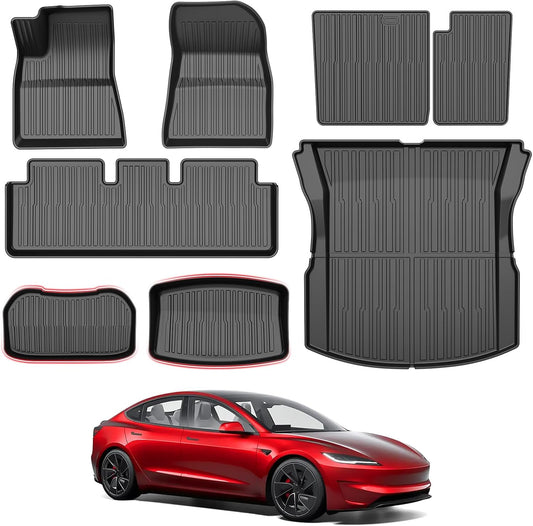 Powerty Floor Mats for 2024 2025 Tesla Model 3 Highland 8 PCS Floor Cargo Liners Full Set All Weather TPE 3D 2 Row Liner Front Rear Storage Mat and Rear Seat Back Mats