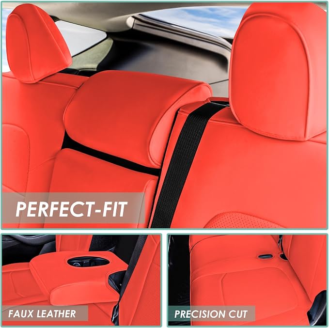 FH Group Custom Fit Car Seat Covers Specifically Made for 2020-2025 Tesla Model Y Faux Leather Water Resistant Automotive Seat Covers -Rear Set Solid Red