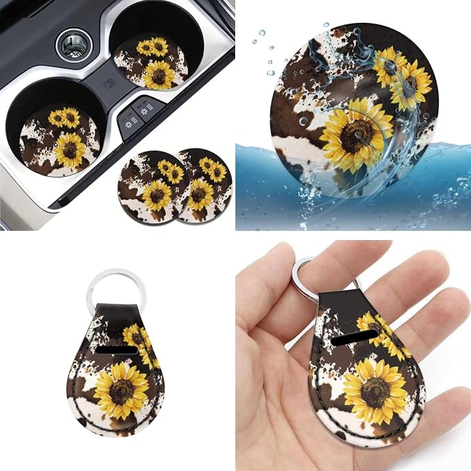 Brown Cow Sunflower Car Seat Covers 12Pcs Cow Car Accessories Interior Sets with Universal Fit Auto Steering Wheel Covers Seatbelt Pads Keychain Cup Holder Coaster for Women,Men,Fit Most Cars