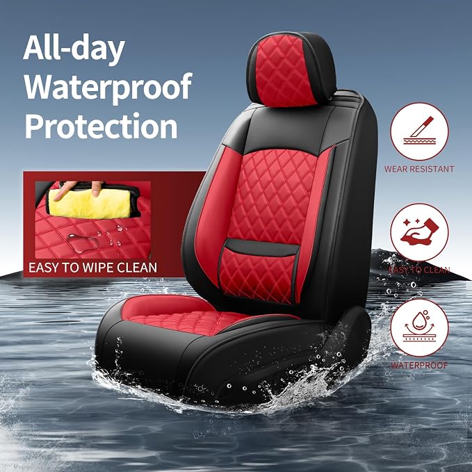Fit Explorer Car Seat Covers for Ford Explorer 2007-2025 2026 - Luxury Leather, Anti-Slip, All-Weather, Waterproof & Breathable, Airbag Compatible, 2 Front Seats Only (Red)