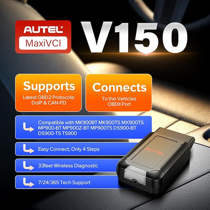 Autel MaxiVCI V150 Wireless Bluetooth Diagnostic Dongle, 2026 VCI 150 OBD2 Connector Adapter Car Communication Interface, Work w/Autel Scanner MK900BT MP900BT MP900Z-BT MP900TS MK900TS MX900TS TS900