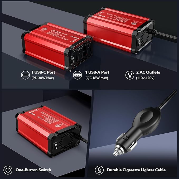 400W Car Power Inverter PD 30W Fast Charging,Vansoet DC 12V to AC 110V Car Inverter Aluminum Housing,USB C PD30W and USB-A QC 18W Port - Dual AC Plug Adapter Outlet for Vehicles,Laptop,Phones,Camera