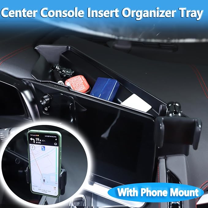 Sekhyna Navigation Screen Back Storage Box Compatible Chevrolet Corvette C8 2020-2025,Dash Organizer Tray,Center Console Phone Insert Auxiliary Storage Tray Interior Accessories (with Phone Mount A)