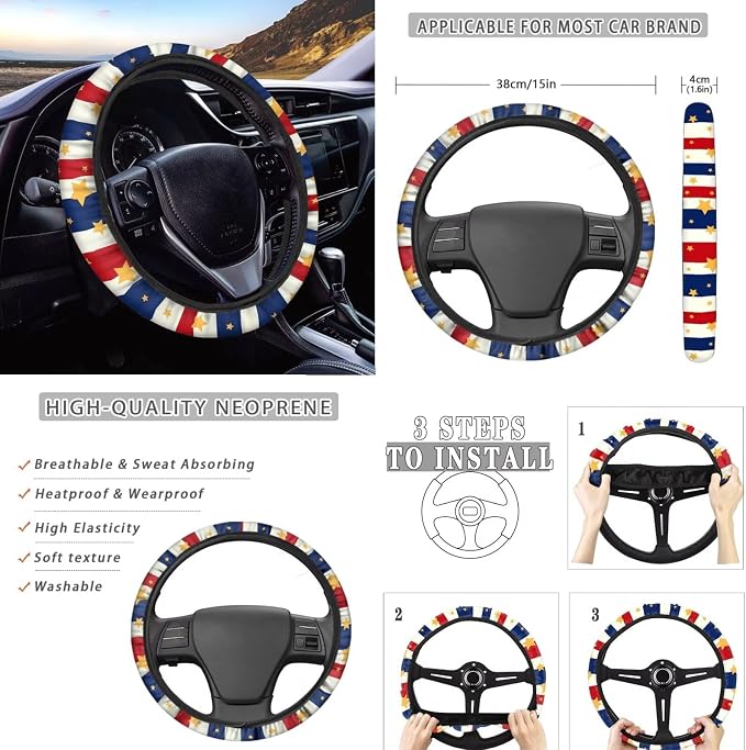 Wanyint 12 PCS Car Seat Cover Set, with Steering Wheel Seatbelt Strap Armrest Pad Handbrake Gear Shift Knob Cover Coasters US 250th Anniversary 4th of July Decor, American Flag Eagle Star Stripe