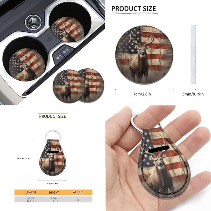 Xoenoiee Deer and American Flag Pattern 11 Pieces Car Seat Covers Interior Accessories Set Universal Fit with Steering Wheel Cover, Seat Belt Pads, Keychain, Cup Coasters
