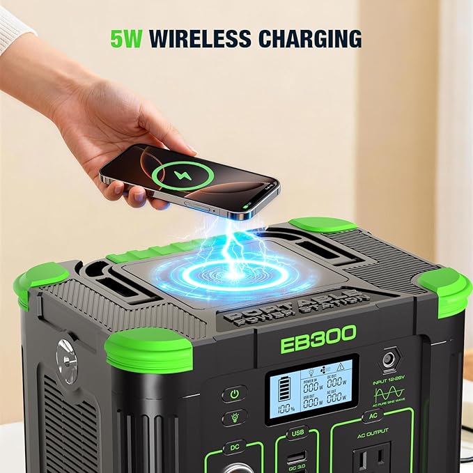 EBL Portable Power Station 300W 288.6Wh Solar Generator with 330W AC Outlet, SOS LED Light, Wireless/DC/USB-C Charging Backup Battery for Camping, Outdoor, Home Blackout, RV Travel