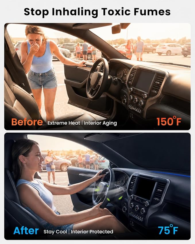 REEVAA 2026 3rd Pro Windshield Sunshade for 2019-2026 Dodge Ram 1500 | Dual-Layer Heat & Sun Defense, OEM Design | Foldable Sun Shade Car Accessories with Storage Bag