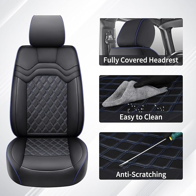 Huidasource Fit for Front Seat Covers for Chevy Silverado, Front Seat Covers for GMC Sierra 1500 2007-2026, 2500HD 3500HD 2015-2026 Crew Double Extended Cab, Front Chevy Seat Cover Nappa, Black&Blue